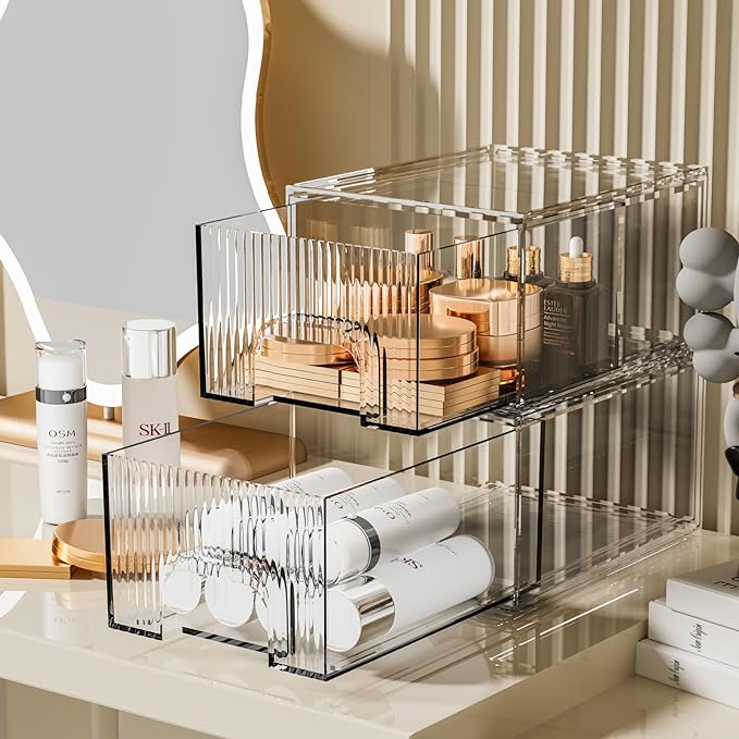 ZHIAI 2 Pack Clear Stackable Cosmetic Organizer, Acrylic Drawer, Plastic Organizer for Dresser, Vanity, Kitchen Cabinet, Pantry, Home Organization and Storage