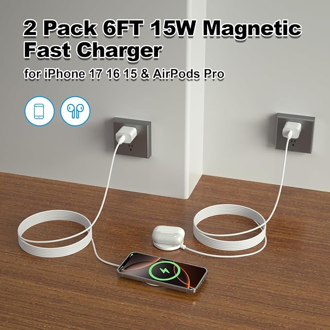 Apple MagSafe Charger 15W Magnetic Wireless Charger for Apple iPhone | iPhone Wireless Charging Pad 6ft Magnetic Charger for iPhone 17 16 15 14 13 12 11 Pro Max Plus/AirPods 2 3 4 Pro 2 3 [2 Pack]