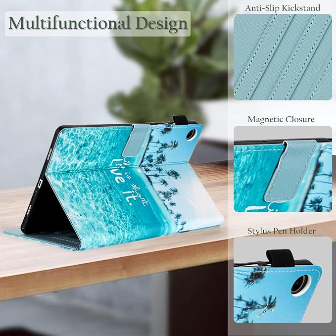 Fancity Case Fits Samsung Galaxy Tab A9/A11 Plus 11” 2025/2023 X210/X216 | Premium PU Leather Cover with Multi-Angles Pencil Holder Smart Wake Sleep for Galaxy Tab A9 A11 Plus X218 Beach