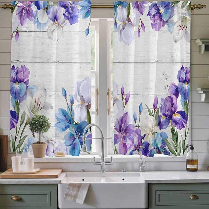Spring Flowers Kitchen Curtains, Watercolor Garden Florals Wooden Grain Light