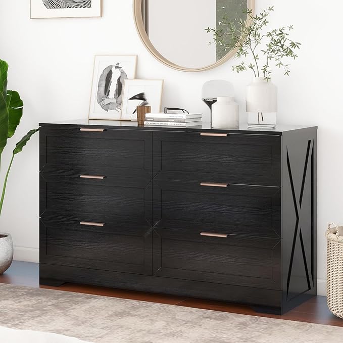 Modern 6 Drawer Dresser for Bedroom, Dresser Chest of Drawer with Large Drawers & Golden Handles, Wooden Dressers Drawer Storage Unit for Bedroom, Living Room, Closet (Black)
