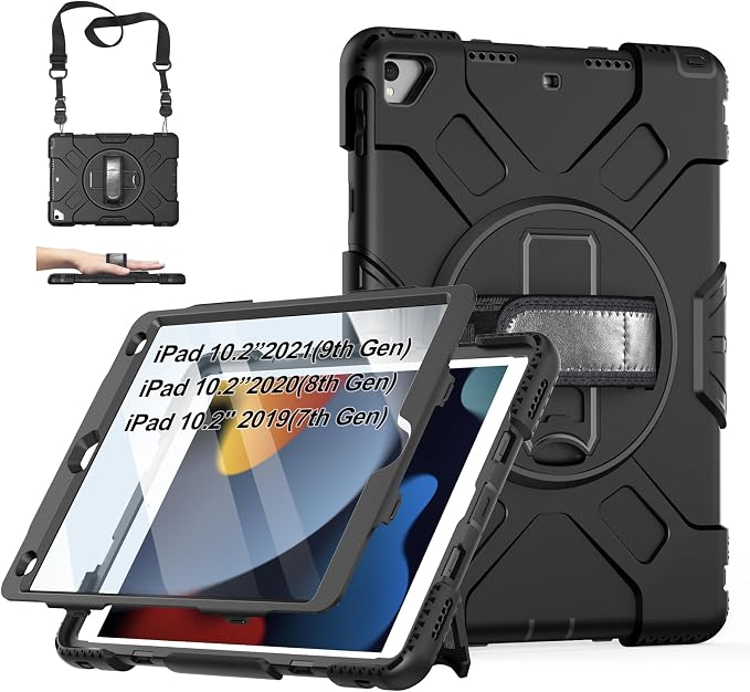 Case for iPad 9th/8th/7th Generation 10.2 Inch Black | Shockproof Protective Silicone Cover with Rotatable Stand-Screen Protector-Handle- Shoulder strap- Pencil holder