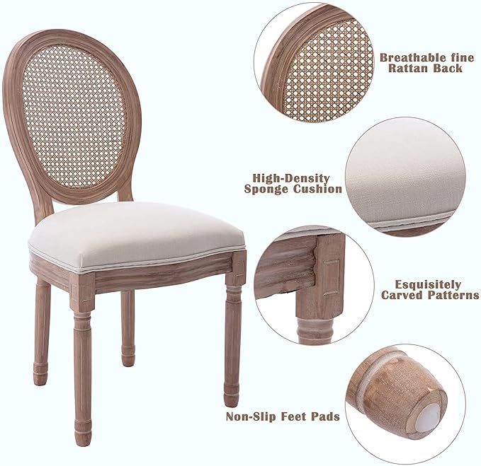 Nrizc Farmhouse Fabric Dining Room Chairs Set of 6, French Chairs with Round Back, Rattan Dining Chair, Oval Side Chair for Dining Room/Kitchen/Restaurant
