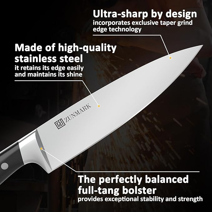 ZUNMARK Kitchen Knife Set, Professional 13 Piece Knife Set with Block and Sharpener, Sharp Chef Knife Set, Ideal for Home