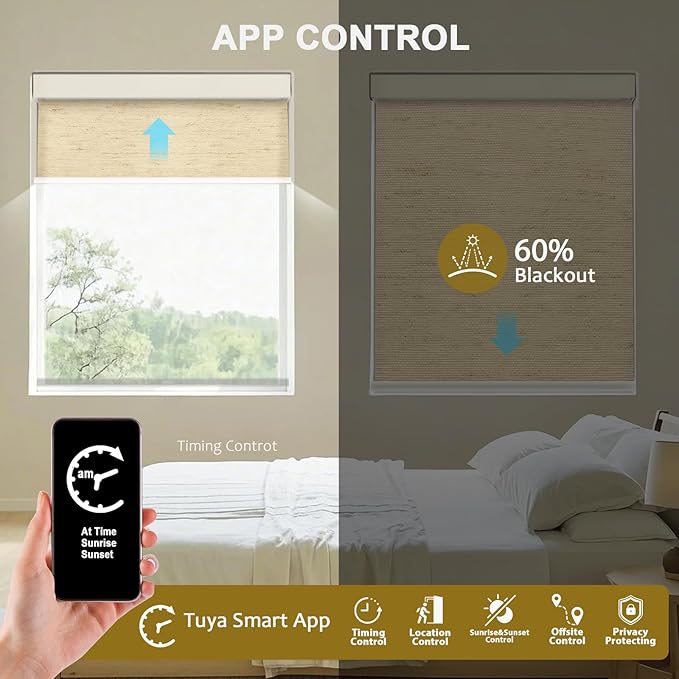 COOLWINDS Motorized Blinds with Remote Cordless Automatic Motorized Shades Custom Blinds for Windows Smart Curtains Compatible with Alexa Google Home(Light Filtering Linen Soft Dunes,W69 x H72in)