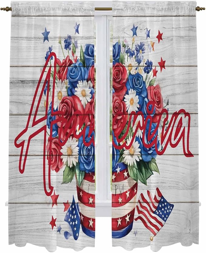 Independence Day Window Curtains 72 Inch Long 2 Panel Set, Rod Pocket Long