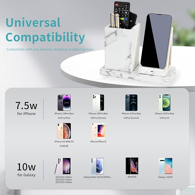 Wireless Charger with Desk Organizer Wireless Charging Station for iPhone 13/13 Pro Max/13 Pro/12 Series/11/XS Max/XR/X/8Plus/SE 2 Wireless Charging Stand with Leather… (Black)