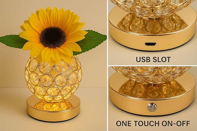 Crystal Cube LED Night Light with Sunflower Vase, USB Rechargeable Table Lamp, 3 Color Modes, Touch Control, Decorative Accent Light for Bedroom, Home (Round Crystal Globe (Sunflower))