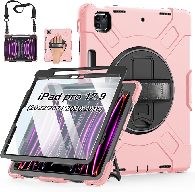 Case for iPad Pro 12.9 2022/2021/ 2020/2018: Cover for iPad Pro 12.9 6th/ 5th/ 4th/ 3rd Generation with Screen Protector- Stand- Pencil Holder- Handle- Shoulder Strap Pink