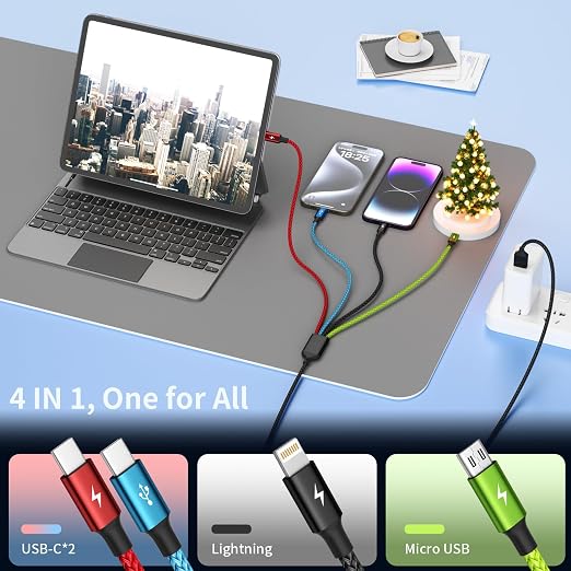 4 in 1 Multi Charging Cable 2 Pack 6FT Charging Cords for Devices | Nylon Braided USB C Car Charger Cable with Dual USB-C IP &amp Micro Ports Long Travel Charging Cord for Cars