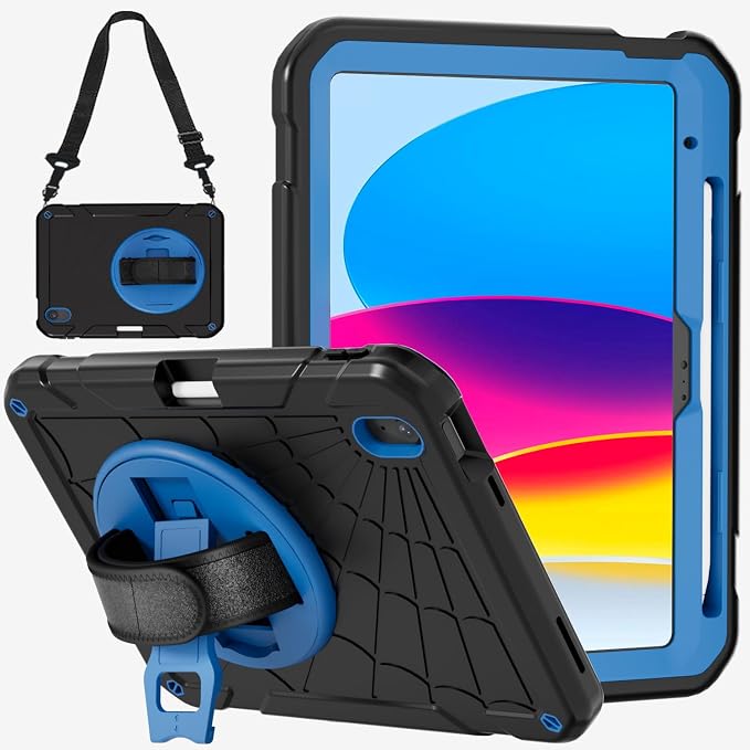 for iPad (A16) 11th/10th Generation Case 2025/2022 (11″/10.9″) Sturdy Heavy Duty Full-Body Shockproof Protective Case Rotating Stand Hand/Shoulder Strap (Black)