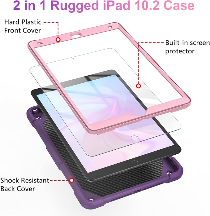 VOFUOE for iPad 9th 8th 7th Generation Case with Screen Protector Butterfly Stand Shoulder Strap Keychain Pencil Holder for iPad 10.2 Hard Cover Kids Girls for iPad 9th/8th/7th(2021/2020/2019)-Purple