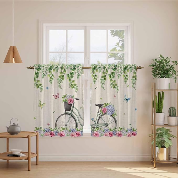 Farmhouse Spring Kitchen Curtains, Retro Bicycles Flowers Vines Butterfly Light