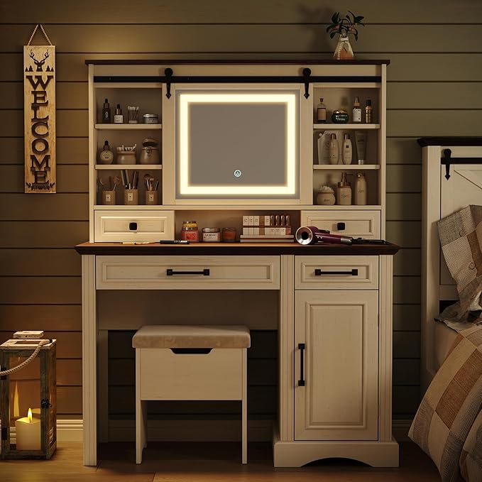 Farmhouse Makeup Vanity Desk with Sliding Mirror, Large Vanity Set with 3 Brightness Lights, Ample Storage, Antique White
