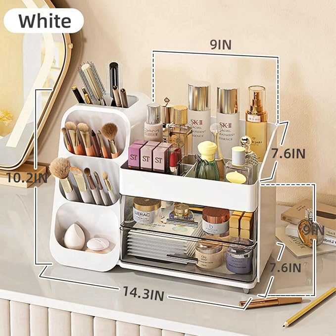 Makeup Organizer with Drawers,Large Capacity Countertop Organizer for Vanity,Bathroom and Bedroom Desk Cosmetics Organizer,Easy To Storage Skincare,Brushes, Eyeshadow, Lotions, Lipstick (White)
