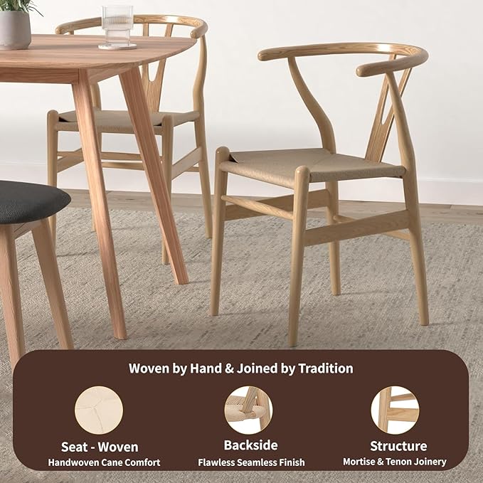 Tomile Wishbone Chair Y Chair, Wooden Dining Chairs Set of 4, Mid Century Modern Chairs with Arms, Solid Wood Weave Seat Kitchen & Dining Room Chairs (Ash Wood - Natural Wood Color)