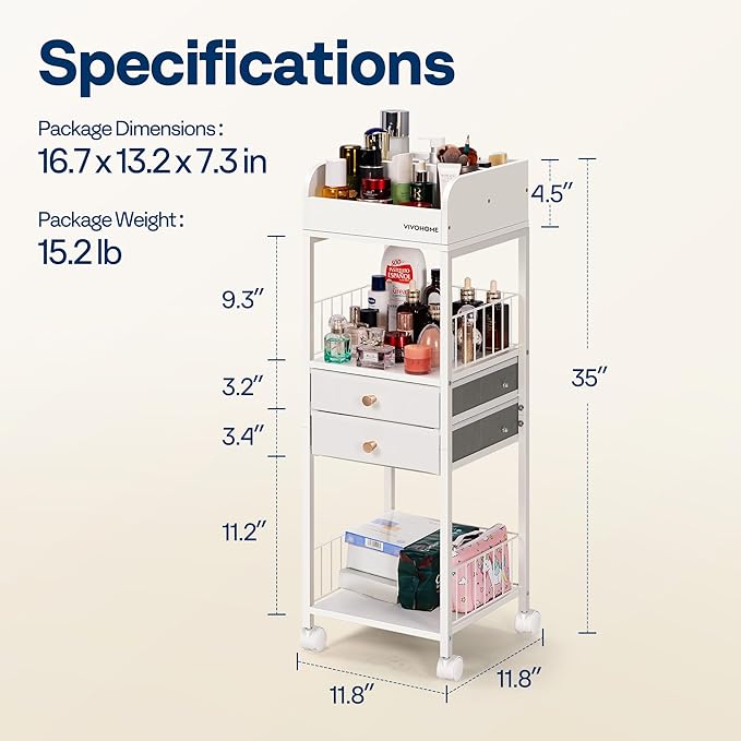 VIVOHOME Makeup Organizer with Drawers, Cosmetics Display Cases, 2 Shelves Floor Skincare Organizer Cart, Vanity Organizer Holder for Perfumes, Nail Polish, Hair Tools, Bags, Gift for Mom, White