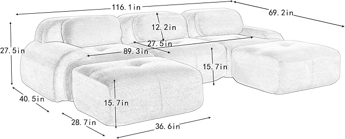 116" Modern Compressed Boneless Couch with Ottoman, 3 Seater Large U Shaped Sectional Couches for Living Room, Green Corduroy Cloud Modular Sectional Sofa, Memory Foam, Extra Deep, No Assembly
