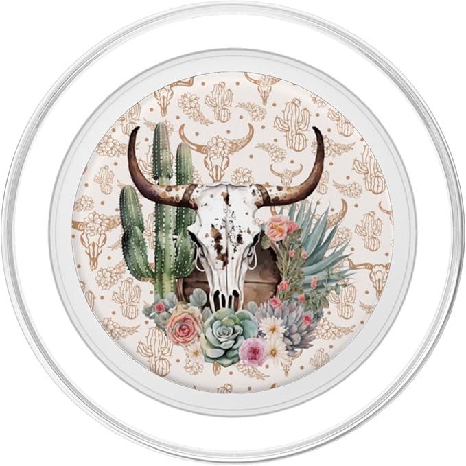 Western Boho Chic Longhorn Bull Skull Cactus Beige Pattern PopSockets Adhesive PopGrip