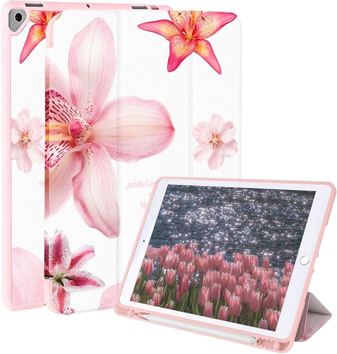 Case for iPad 9th/ 8th/ 7th Generation Case 10.2&amp10.5 Inch (2021/2020/2019 Release) Slim Lightweight Soft Trifold Back Cover with Pencil Holder &amp Auto Sleep/Wake Cover Cherries Cheetah Bows