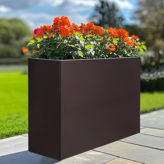 BAYN Metal Rectangular Planter Box Tall Planters for Outdoor Plants Modern Heavy Duty with Drainage Holes for Outside Indoor Patio Deck - Brown, 32”x 12”x 24”