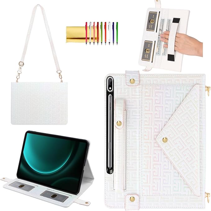 Handbag Case for Samsung Galaxy Tab S10 FE/S9 FE 10.9/S9/S8/S7 11 Techcircle Folio Stand Crossbody Wallet Protective Cover with S Pen Holder &amp Card Slots Hand Strap &amp Shoulder Strap Black