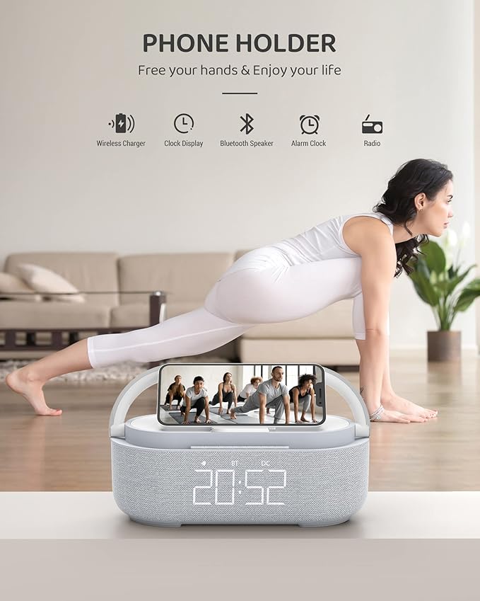 COLSUR Bluetooth Speaker Alarm Clock with Wireless Charger, FM Radio, Adjustable LED Night Light, 6 in 1 Bedroom Portable Speaker 2500mAh, Phone Stand for Bedside, Home, Office, Gift (Gray)