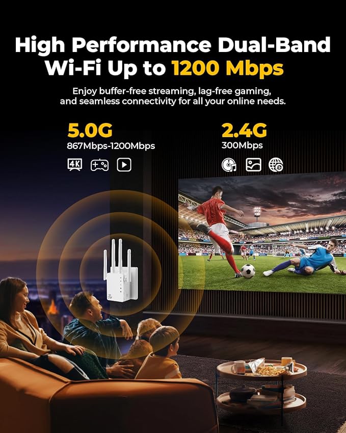 WiFi Extender, WiFi Extender Signal Booster Dual-Band(5.8G&2.4G) Wireless Repeater Coverage to 12880 sq. ft & 105 Devices, 1-Tap Setup, Supports Ethernet Port, Faster Speed