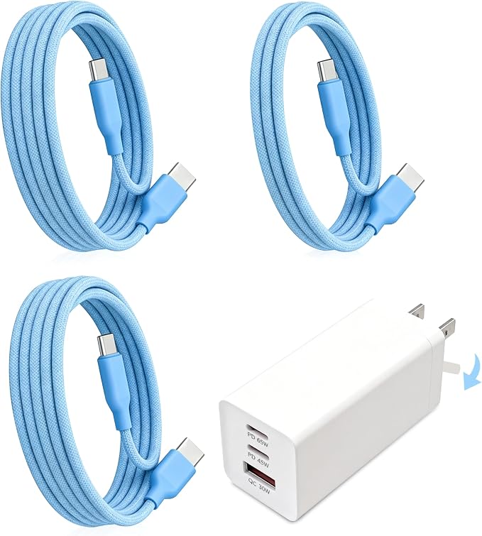 65W USB C Laptop Charger 3-Port PD Wall Charger Block with 3 Cables (2x1.2m+1x0.6m) Foldable Travel Adapter for Phone Tablet Compatible with MacBook - Blue