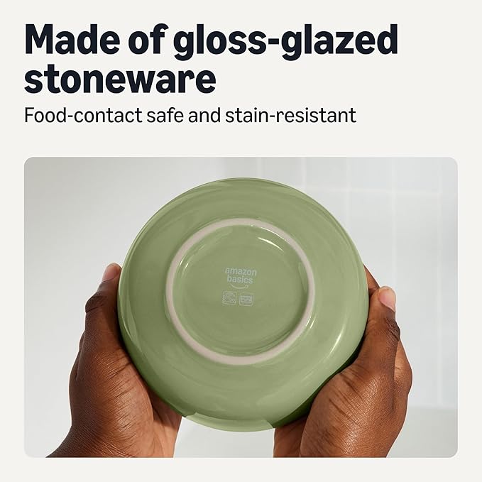 Amazon Basics Glazed Stoneware Bowls, Ceramic 4-Piece Set, Dishwasher-Safe, 5.5 in., Olive
