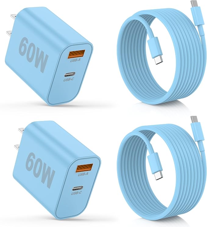 iPhone 17/16/15 Pro/Pro Max Charger Dual Port USB-C Wall Charger with PD 40W &amp QC 20W Fast Charging 10FT USB-C Cable for iPhone iPad Pro MacBook M1/M2/M3 Android Blue