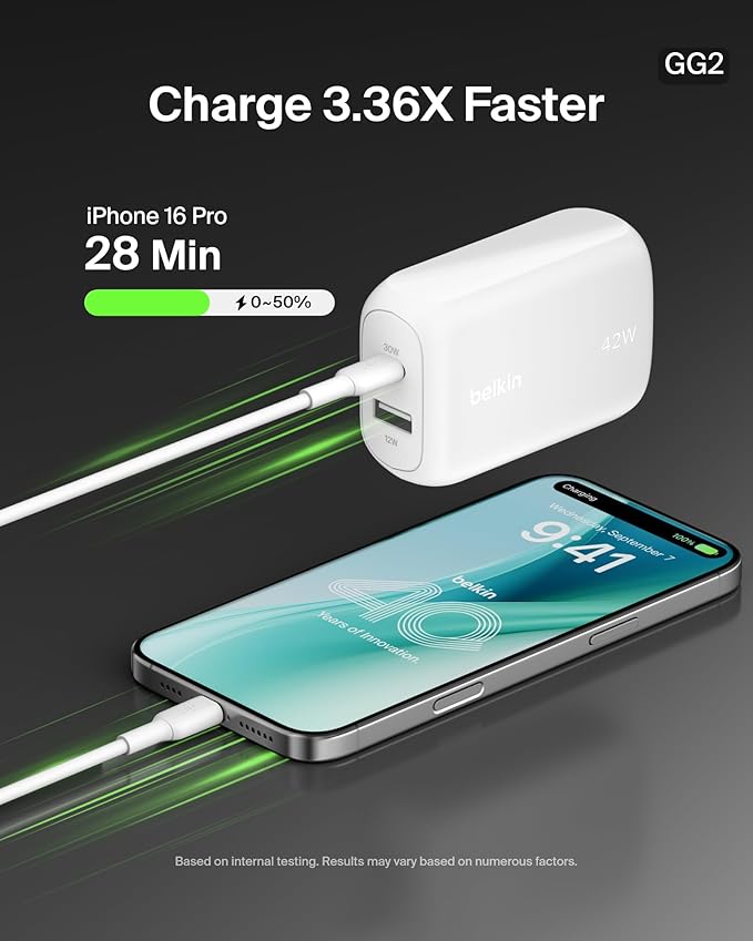Belkin 42W Dual Port USB C and USB A Charger Block Fast Charging | Super Fast Charging Samsung Galaxy S26 iPhone 17 Air Pro Pro Max iPad AirPods Apple Watch