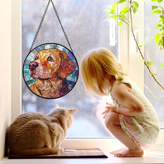 Stained Glass Window Hanging, Cute Dog Abstract Sun Catchers Colorful Glass Panel Texture Suncatcher Decor for Birthday for Women, Men, Wife, Aunt, and Mom 14.9x14.9 in