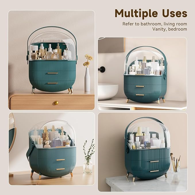 Makeup Organizers, Make Up Organizers for Vanity, Countertop Cosmetic Storage with Drawers and Transparent Cover for Bedroom Bathroom (Green)