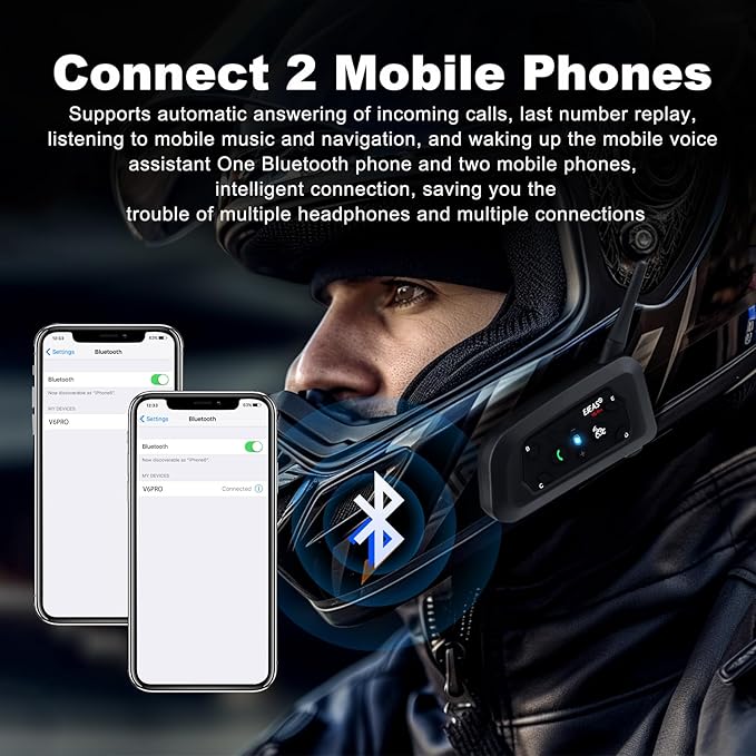 EJEAS V6 Pro Motorcycle Bluetooth Headset, Upgraded 2 Riders Intercom Helmet Communication System with Auto-Answering Call and Noise Reduction for Motorcycling Skiing and Climbing (1 Pack)