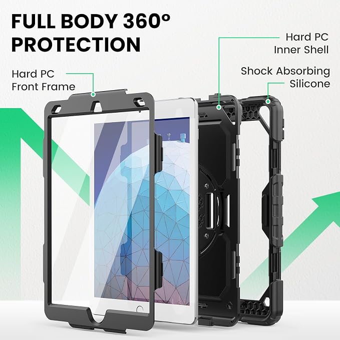 SEYMAC Case for iPad Air 3/ Pro 10.5 inch/Air 3rd Generation 10.5'' Black | Heavy Duty Shockproof Protective Built-in Screen Protector 360° Rotating Stand Hand/Shoulder Strap