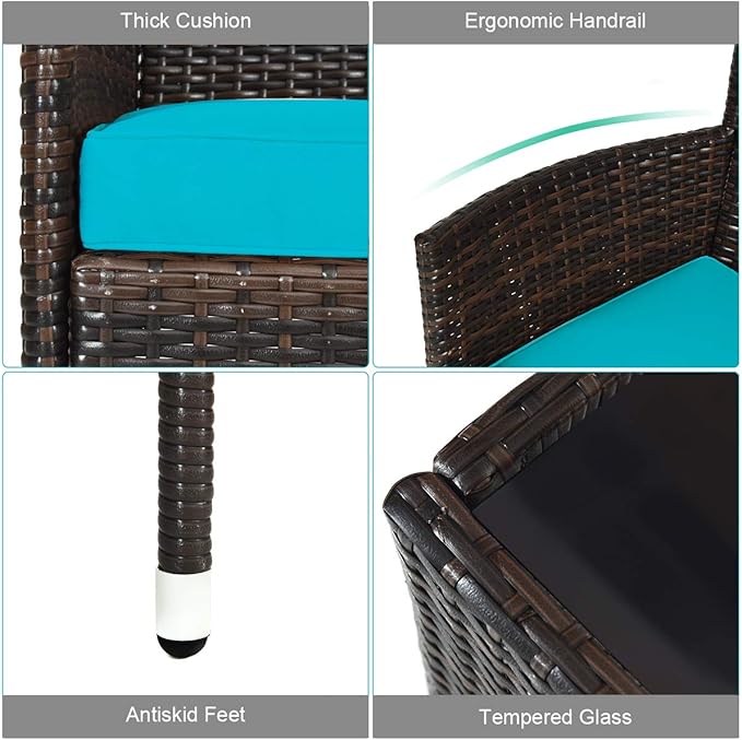 Tangkula 8 Pieces Patio Rattan Conversation Set with Tempered Glass Coffee Table & Thick Cushion, Wicker Set for Garden, Lawn, Poolside and Backyard