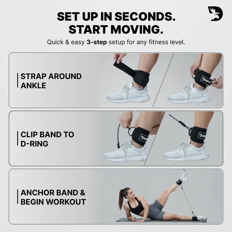 DMoose Fitness Ankle Strap with Tube Resistance Band for Cable Machines - Padded Ankle Cuff & Durable Tube Band for Glute Kickbacks, Leg Workouts, Hip Abduction, Resistance Training