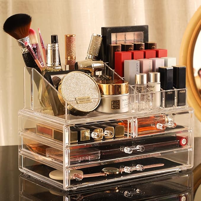 Cq acrylic 2 Pack Clear Make Up Organizer Countertop,Stackable 4 Drawers Makeup Storage,Cute Vanity Organizers for Dresser Hair Clip,Jewelry,Beauty Product Desk and Bathroom Organizers and Storage