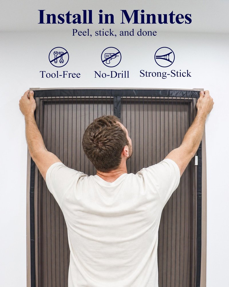 Kitsure Magnetic Screen Door - 38.0'' x 82.0'' Retractable Screen Door Mesh for Entry Door or Sliding Door, Pet & Kid Friendly, Hands-Free Closure Keeps Bugs Out & Lets Breeze in, Stripe Black