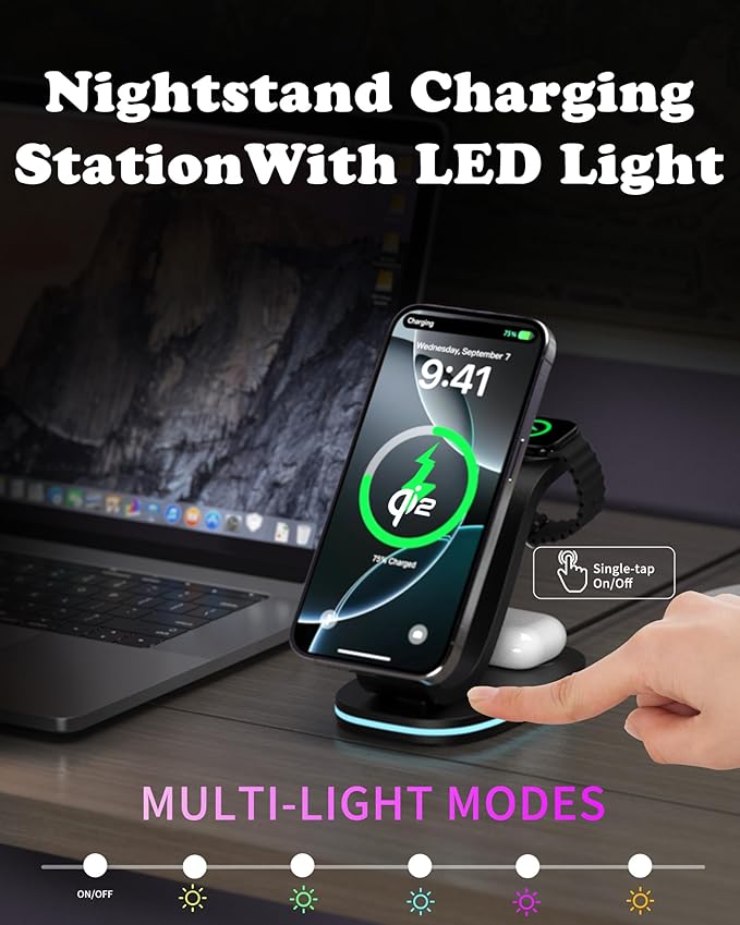 3 in 1 Wireless Charging Station for Qi2 Apple Multiple Devices, 30W USB C Adapter&Light, Fast Magnetic Charger Stand Compatible with iPhone 16 15 14 Pro Max, Apple Watch Series 10 9 & Airpods 4 3 Pro