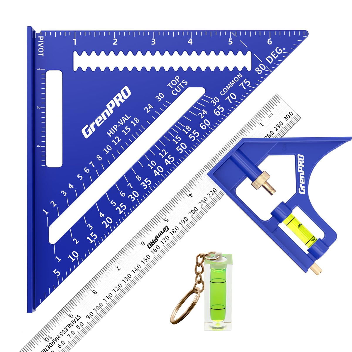 GRENPRO Combination Square Woodworking Ruler Tools, 7inch Carpenter Square Wood Working Tools and Accessories, 12inch Square Ruler, Includes 2-in-1 Carpentry Pencil, Protractor Angle Machinist Tool