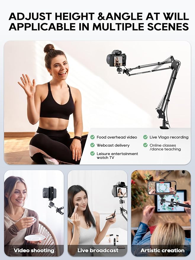 CACENCAN Overhead Camera Mount, 5lb Horizontal Load-Bearing, 360° Adjustable Stand for Desk, Flexible Arm Desk Mount, with Phone Clamp, Tabletop Mount for DSLR Camera/Webcam/Microphone（White