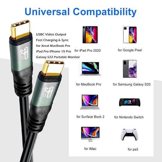 USB C to C Cable 15FT 4K60HZ GEN2x2(Data usb3.1)USB TYPE C Video Output From USB3.2/ USB4.0 (NOT 100% Fast Charging) &amp Sync for Xreal MacBook Pro iPad Pro iPhone 15 Pro Galaxy S22 Portable Monit