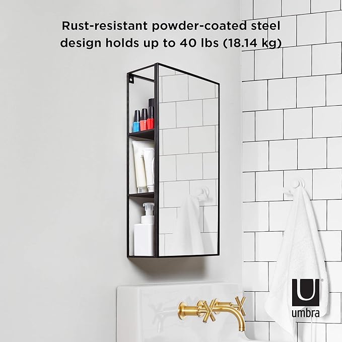 Umbra Cubiko 24x12" Rectangular Black Metal Bathroom Mirror Storage Cabinet with 3 Shelves