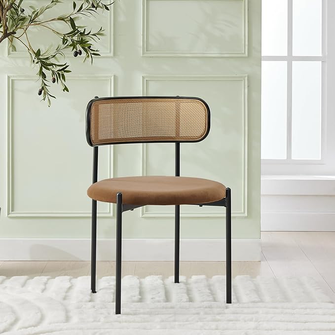 Rattan Dining Chairs Set of 8, Mid Century Modern Dining Chairs with Cane Back and Boucle Upholstered Seat, Farmhouse Kitchen Chairs for Dining Room and Living Room, Brown