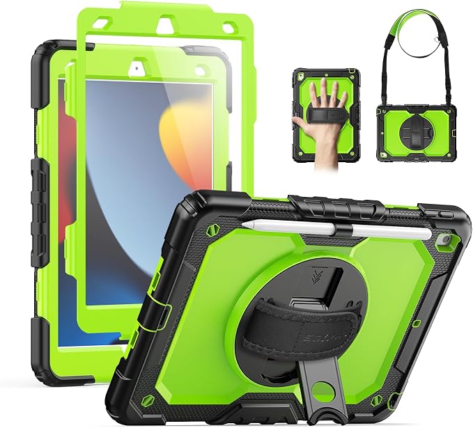 SEYMAC for iPad 9th/8th/7th Generation Case 10.2 2021-2019 Full-Body Shockproof Protective Case with Screen Protector Rotating Stand/Handle/Shoulder Strap for iPad 10.2 Blue/Black