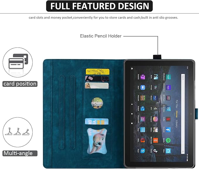Dteck Case for Samsung Galaxy Tab S9 FE+ Plus 5G Tablet Case 12.4 2023 with Pencil HolderPU Leather Embossed Flower Cat Folio Multi-Angle Viewing Stand Shockproof Protective Tablet 12.4 CoverBlue