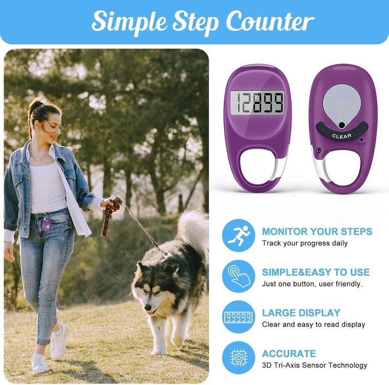 Simple Pedometer for Walking, Accurate Step Tracker with Carabiner, 3D Step Counter for Men Women Seniors - Purple