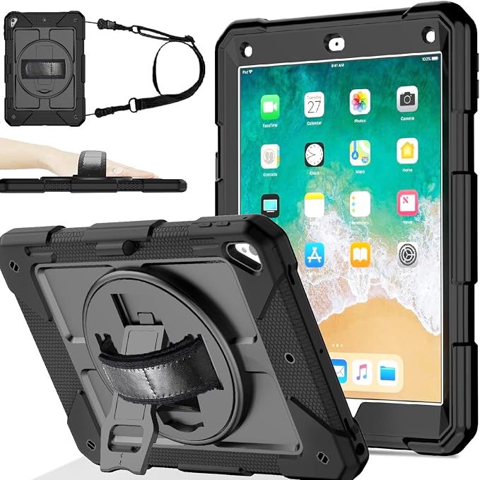BMOUO Case for iPad 6th/5th Generation Case (9.7 inch 2018/2017) 360°Rotating Stand Hand/Shoulder Strap Shockproof iPad 9.7” Case for iPad Air 2 Black